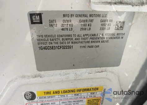 2012 Buick Lacrosse Leather Group z USA, uszkodzony, nr VIN 1G4GC5E31CF322391